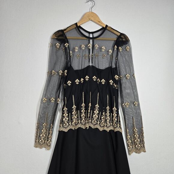 VTG Night Way Midi Dress Sz 6 Black Mesh Chiffon Handkerchief Hem Embroidered - Picture 2 of 15